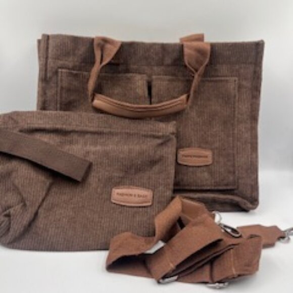 NEW Fashion & Bags Tote Bag Purse Brown Corduroy Crossbody Detachable Strap - Picture 2 of 12